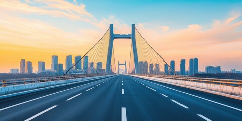 Construction infrastructure highway progress concept. Modern bridge with skyline under a colorful sunset.
