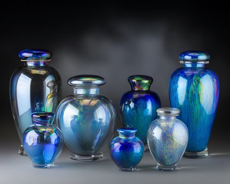 Set of iridescent blue urns