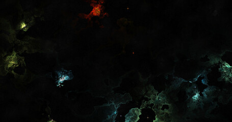 A dark, space-themed background featuring a nebula with colorful clouds and scattered stars.