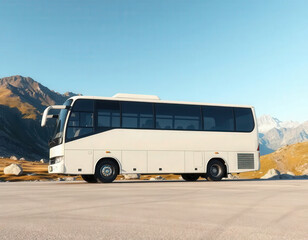 Mockup of a 1990s-style bus placed in a scenic mountain setting. Perfect for nostalgic outdoor visuals, travel campaigns, and retro branding.