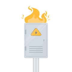 Broken electrical panel with fire and sparks. Safety concept