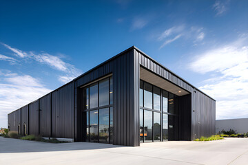 Modern black industrial building with large glass windows under blue sky