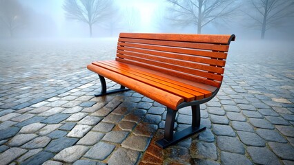 Wooden bench in a misty park setting invites solitude and reflection during early morning hours