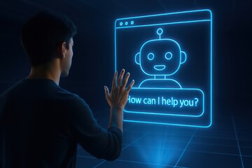 A person interacts with a futuristic AI chatbot on a digital interface, illustrating the concept of technology and interaction in a modern setting.
