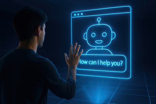 A person interacts with a futuristic AI chatbot on a digital interface, illustrating the concept of technology and interaction in a modern setting.
