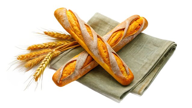 Freshly baked artisan bread and wheat on a linen cloth, highlighting traditional baking techniques and ingredients