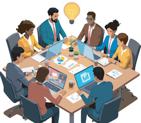 Flat vector of multicultural business team in meeting with laptops, charts, and light bulb. Transparent background, perfect for teamwork, innovation, startup, apps, UI, and website illustrations.