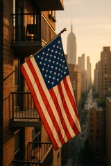 Naklejka premium An American flag flutters proudly against the backdrop of a city skyline, symbolizing freedom and national pride, a beautiful capture of patriotism.