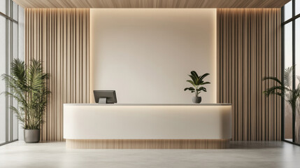 Reception counter mockup Minimalist style front interior registration copy space desk design indoor decoration front view White counter material monitor green plant decoration