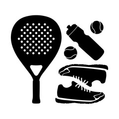 Padel ball sports racket with ball set icon on white background.