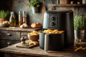 Modern Black Air Fryer on Wooden Table with Freshly Cooked Fries in Rustic Kitchen Setting
