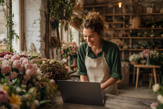 Florist managing online orders in flower shop - Powered by Adobe