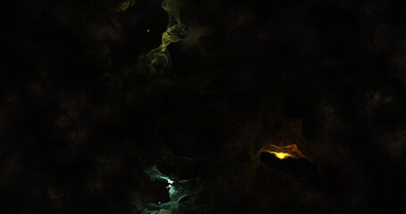 A dark space background with colorful nebulae and scattered stars.