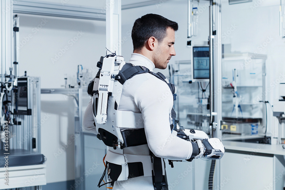 Poster man wearing industrial exoskeleton in a modern lab generative ai