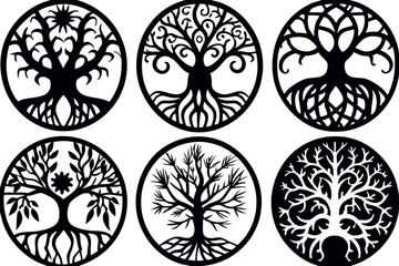 Intricate Black and White Tree Silhouette Designs with Circular Frames