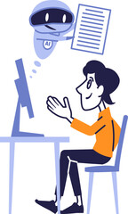 Artificial Intelligence Assisting Human with Digital Document. Flat Vector Illustration of Man Receiving Help from AI Chatbot on Computer