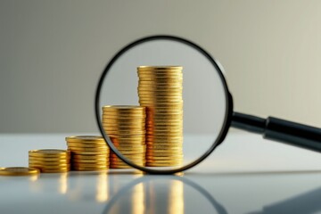gold coins magnifying glass finance money stack investment savings wealth growth economy banking currency focus closeup