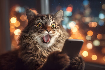 Shocked cat reading news on mobile phone at night