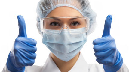 Female doctor wearing a surgical mask, goggles, hair net, and blue gloves is confidently gesturing a thumbs up sign, isolated on a transparent background for a clean, professional look