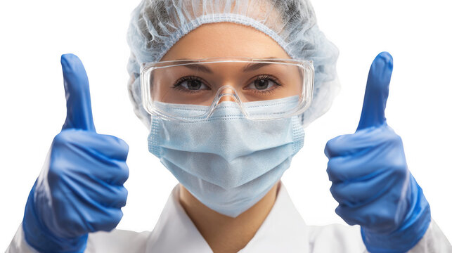 Female doctor wearing a surgical mask, goggles, hair net, and blue gloves is confidently gesturing a thumbs up sign, isolated on a transparent background for a clean, professional look