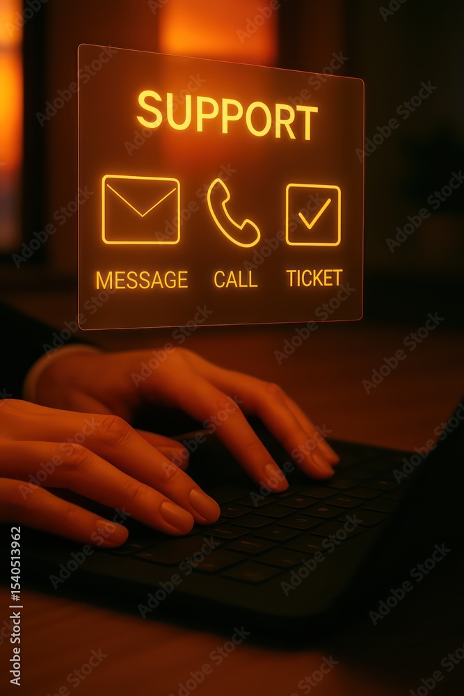 Poster a person is using a virtual user interface for online support. focused on support, the interface off