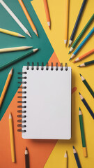 Flat lay of colored pencils and spiral sketchbook on a diagonal teal green and bright yellow background

