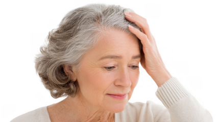 Elderly woman with grey hair, wearing a white sweater, touching her head with her hand, expressing feelings of sadness and depression against a transparent background