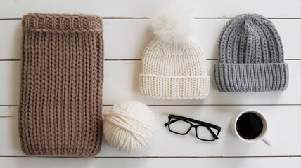 Flat lay of winter accessories and black coffee on white wooden plank background with cozy neutral tones

