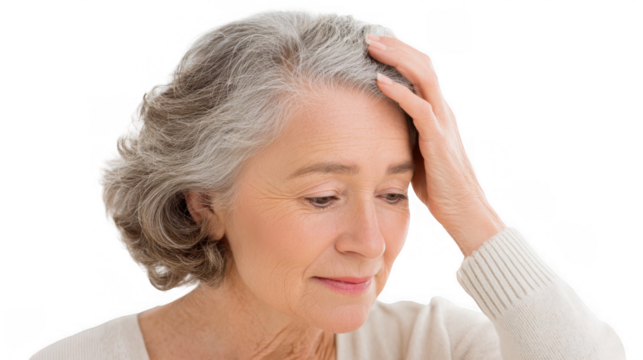 Elderly woman with grey hair, wearing a white sweater, touching her head with her hand, expressing feelings of sadness and depression against a transparent background