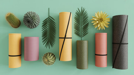 Flat lay product photography of yoga mats and succulent decor on a mint green background

