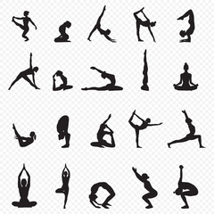 Yoga poses silhouette. Women in different asana.  A collection of yoga and meditation silhouette icons representing different mindfulness and relaxation poses.   
