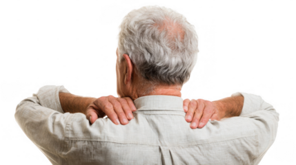 Elderly man with gray hair and casual shirt is shown from behind, massaging his neck and shoulders with both hands, expressing discomfort and pain, on a transparent background