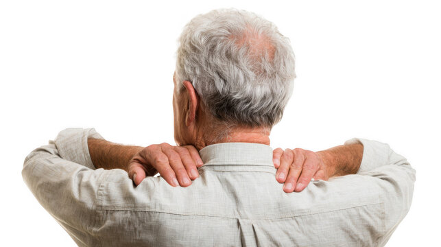 Elderly man with gray hair and casual shirt is shown from behind, massaging his neck and shoulders with both hands, expressing discomfort and pain, on a transparent background