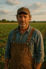 Fototapeta premium Portrait of a weathered farmer standing proudly in his vast, verdant field, under a serene sky, reflecting years of hard work, resilience, and connection to the land.