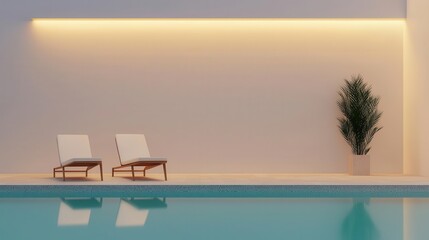Fototapeta premium Hotel pool with geometric tiles, modern lounge chairs, and soft lighting, geometric chic pool, artistic, elegant