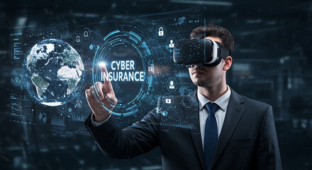 Man in VR Headset Interacting with Cyber Security Interface