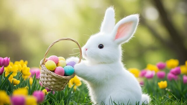 Bunny with easter egg basket in a flower field