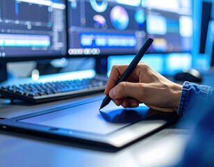 Creative professional working on graphic tablet with design software on screens.
