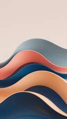 Minimalist abstract digital art with cascading curved waves in coral pink, navy blue, and peach tones


