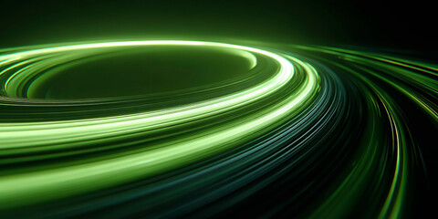 Futuristic abstract image with glowing green circular trails forming a vortex or tunnel against a dark background, symbolizing energy and high-speed motion