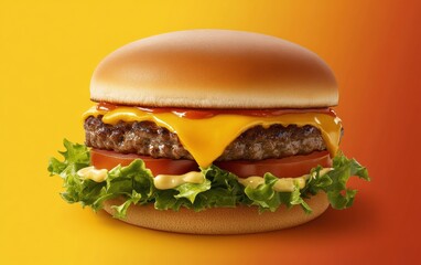 Close-up of classic cheeseburger with lettuce, tomato, and melted cheese on gradient orange background.