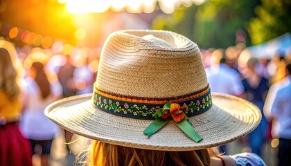 Festive hat adorns event goer amidst bustling crowd, setting sun creates golden hour.
