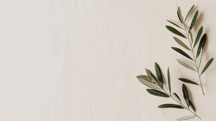 Minimalist botanical photograph of two olive branches on a cream textured background

