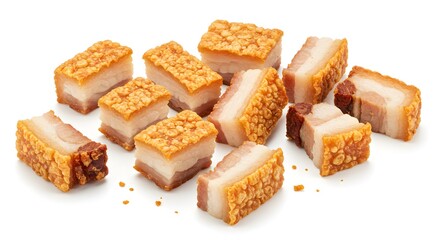 Brazilian Pork Belly Cracklings (Torresmo) Crispy Pieces on White Background