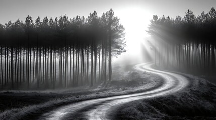 Fototapeta premium A contemplative black and white photograph of a winding forest path, softly illuminated by the diffused sunlight of the summer solstice The deep shadows and subtle textures create a sense of quiet