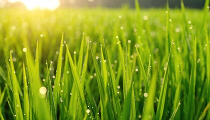 Lush green grass blades covered in tiny water droplets, sparkling in morning sunlight.