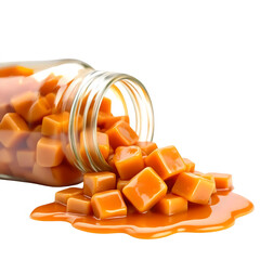 Caramel candies spilling from a glass jar isolated on white background