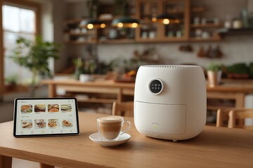 Air Fryer on Kitchen Table Next to Tablet Displaying Recipe with Coffee Cup in Cozy Setting