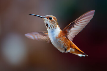Fototapeta premium close-up portrait of a hummingbird in flight showing the transparent wing structure, and natural color blend