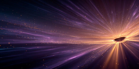 Fototapeta premium Futuristic spaceship enters a glowing wormhole surrounded by radiant beams and cosmic particles in deep space 